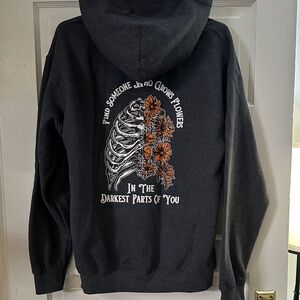 Dark Gray Graphic Hoodie with Floral Skeleton Design